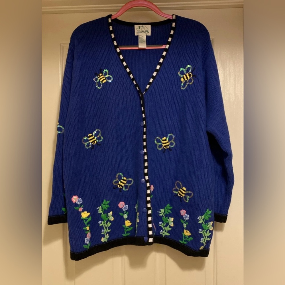 The Quacker Factory Vtg Embroidered Flower Bee Cardigan
